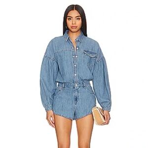 FREE PEOPLE Denim Button-Up Romper